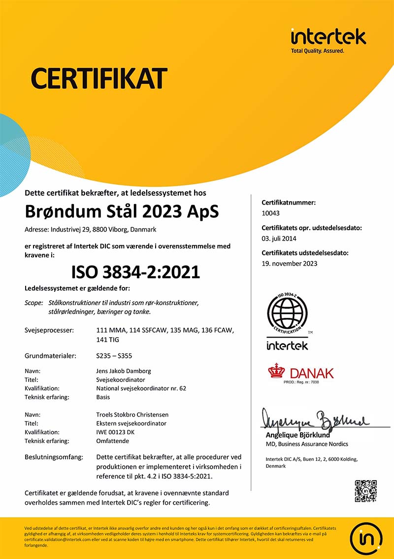 2023 ISO 3834-2 Certifikat DK - Brøndum Stå l 2023 ApS